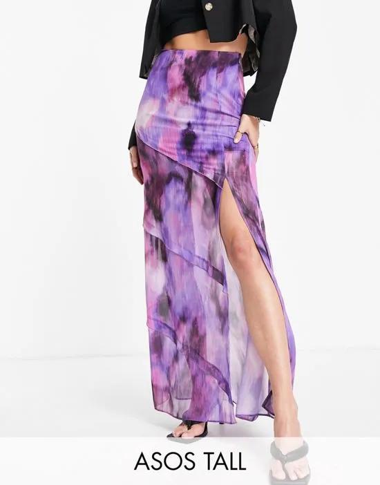 Tall midaxi skirt with ruffle detail in blurred swirl print