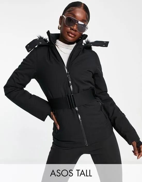 Tall ski belted jacket with faux fur hood