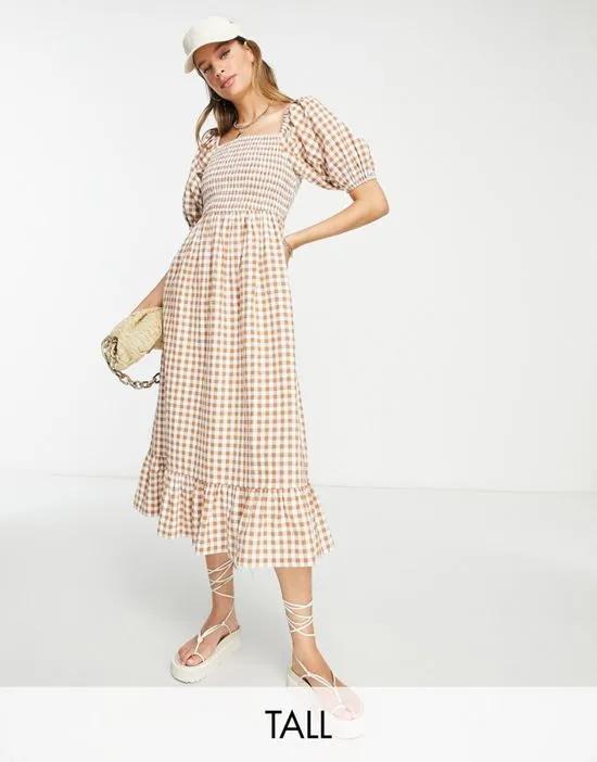 Tall square neck puff sleeve beach dress in brown check