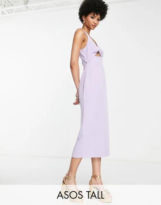 Tall structured midi dress with twist front bodice in lilac