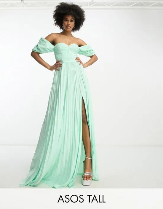 Tall sweetheart neck off-shoulder pleated maxi dress in sage green