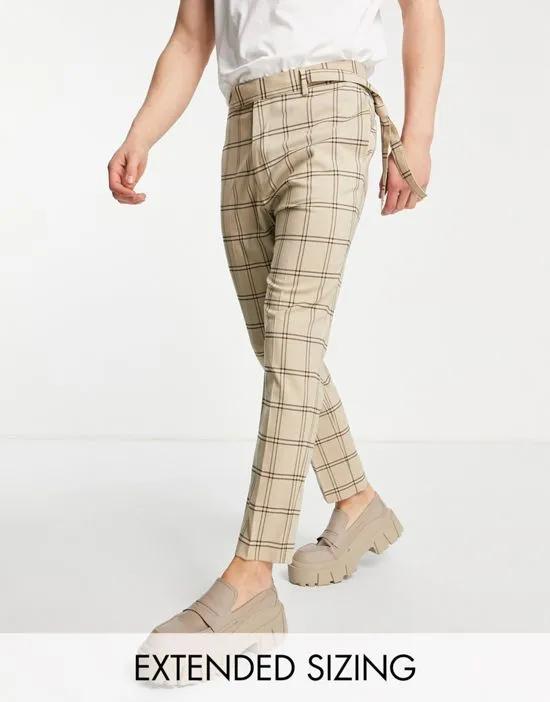 tapered pants with side belt in stone window checks