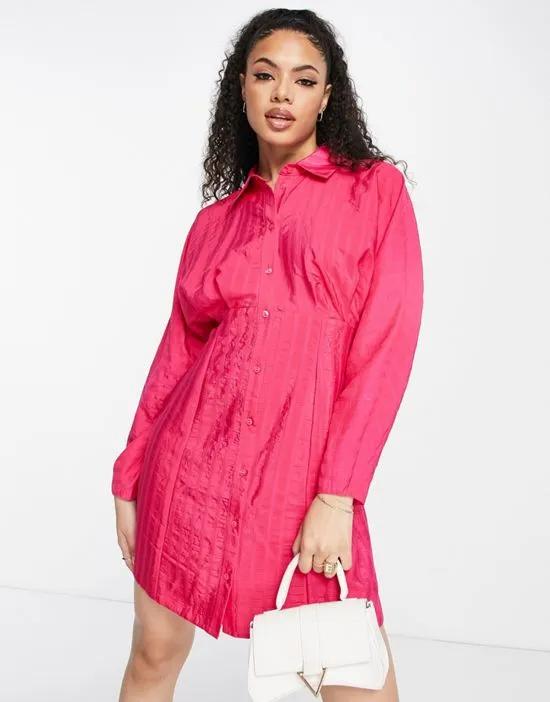 texture stripe volume sleeve mini shirt dress in hot pink