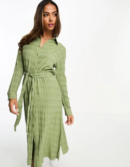 textured belted maxi shirt dress in khaki