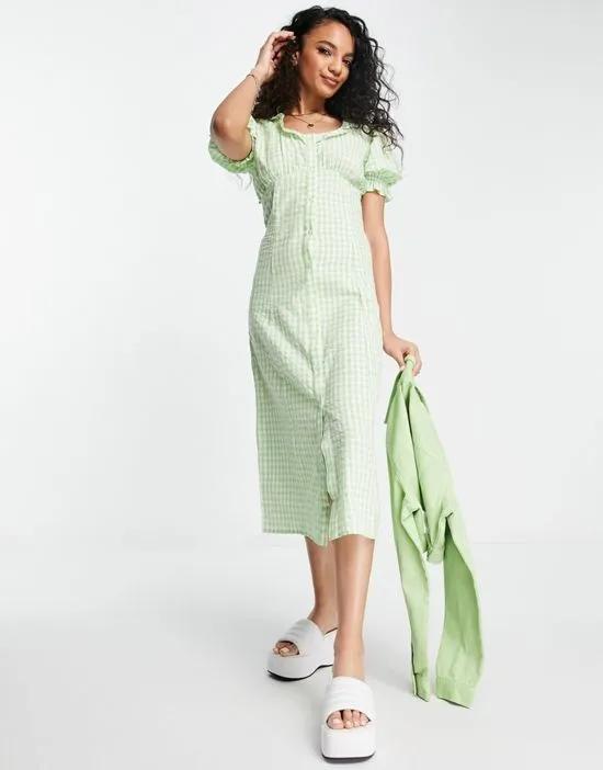 textured button up midi dress in green jumbo gingham