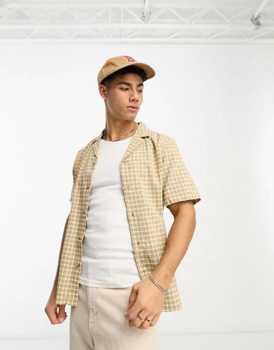 textured check revere shirt in stone