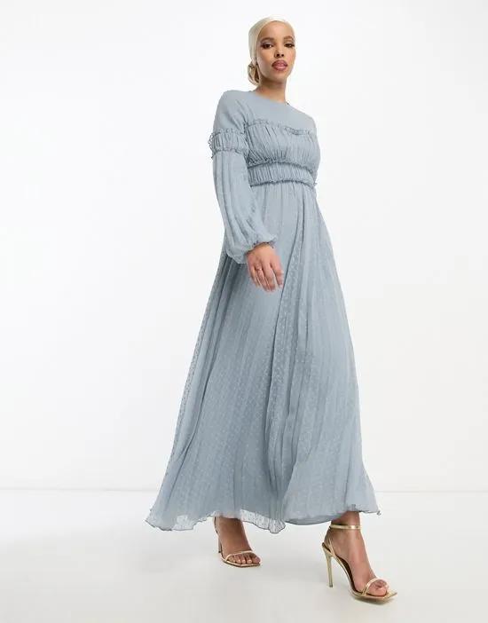 textured chiffon pleat maxi dress with frill seam detail in pale blue