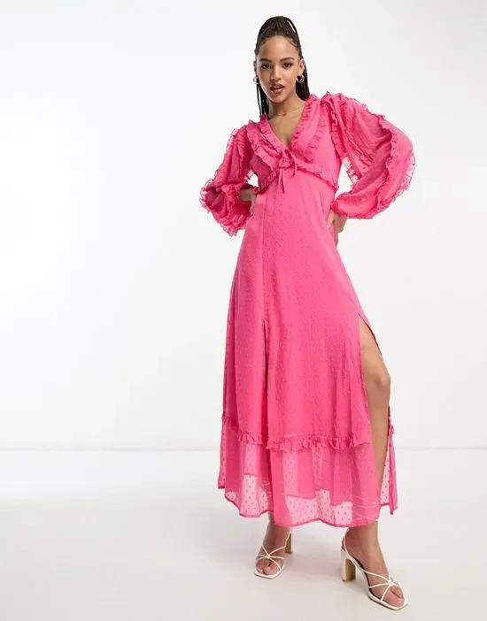 textured chiffon ruffle detail maxi dress in hot pink