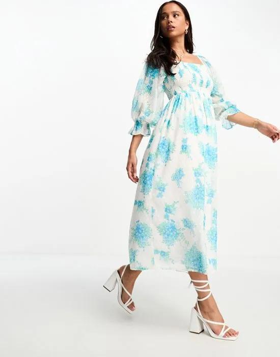 textured chiffon shirred midi dress in blue occasion floral