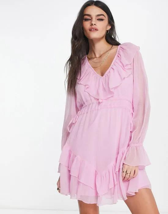 textured chiffon waisted mini dress with frills in pink