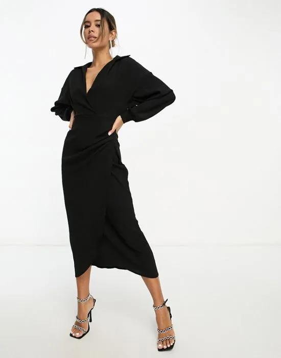 textured collared wrap midi dress in black