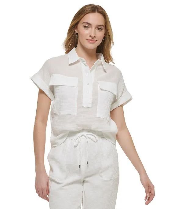 Textured Cotton Pullover Camp Shirt