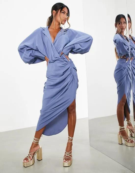 textured drape midi shirt dress with tie detail in blue