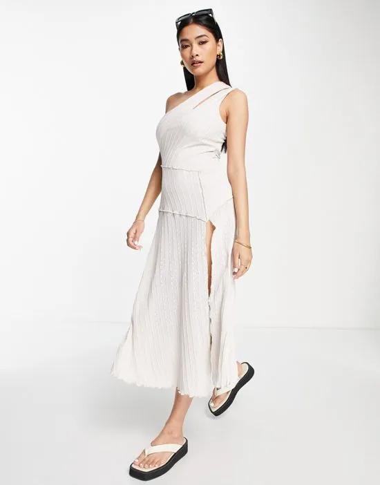 textured one shoulder exposed seam detail midi dress in stone
