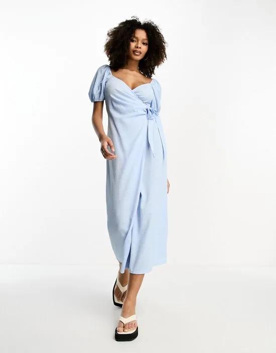 textured puff sleeve wrap dress with side tie in blue