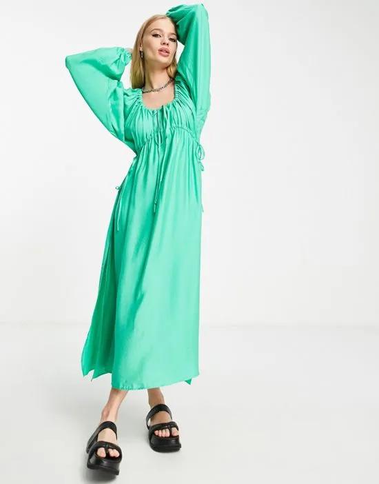 textured ruched channel midaxi dress in green