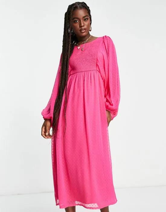 textured shirred midi dress in hot pink