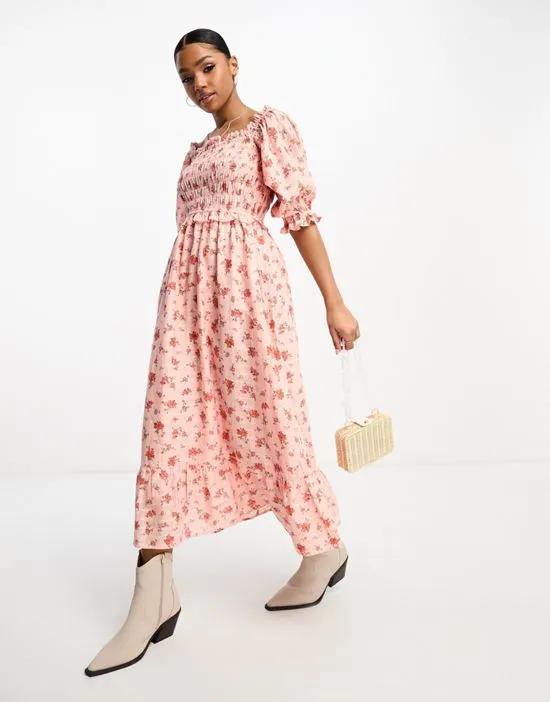 textured shirred midi dress in pink ditsy