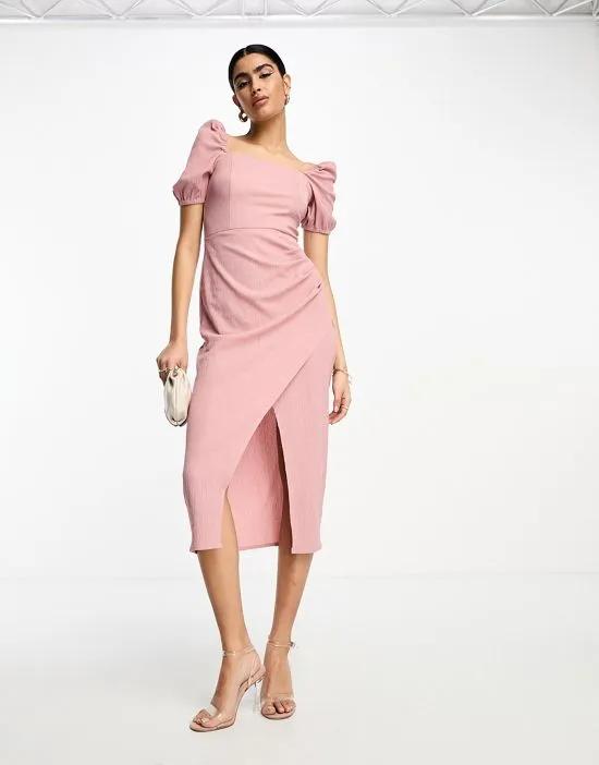 textured square neck puff sleeve midi dress in dusty pink