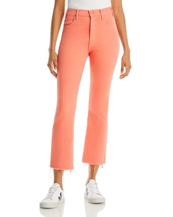 The Hustler High Rise Frayed Flare Leg Ankle Jeans in Persimmon