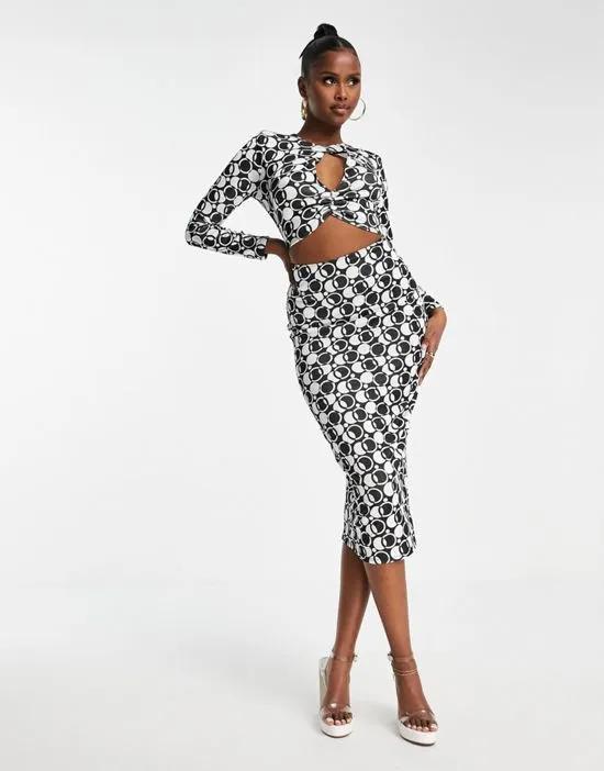 The Label key hole cut out midi dress in monoprint