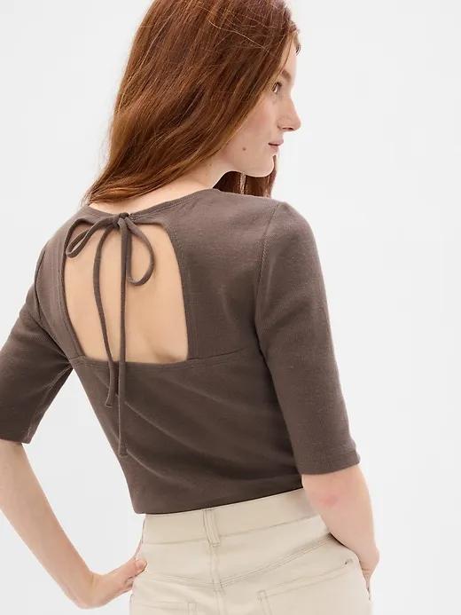 Tie-Back Cutout Rib T-Shirt