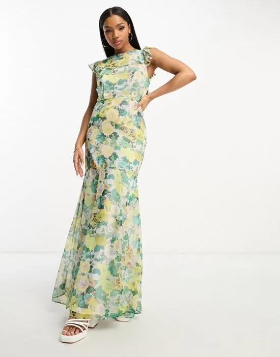 tie back frill maxi dress in green floral