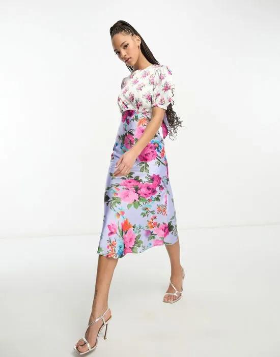 tie back puff sleeve midi dress in contrast floral