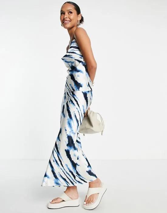 tie dye satin bias midi skirt in blue