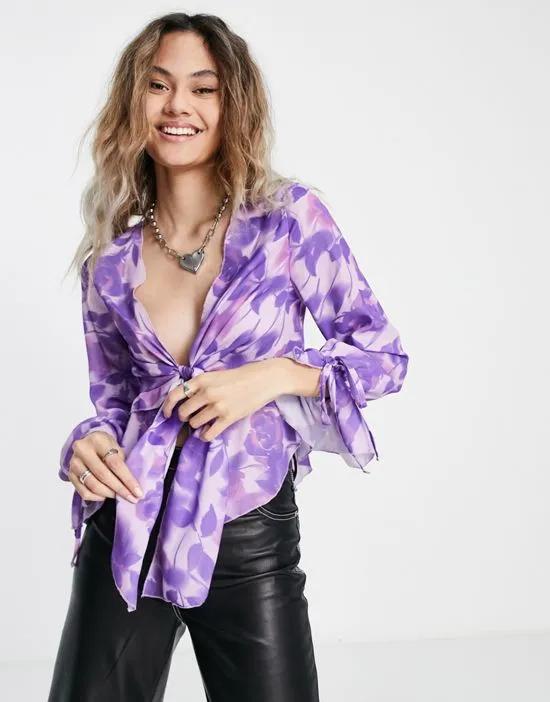 tie front blouse with ruffle detail in purple floral