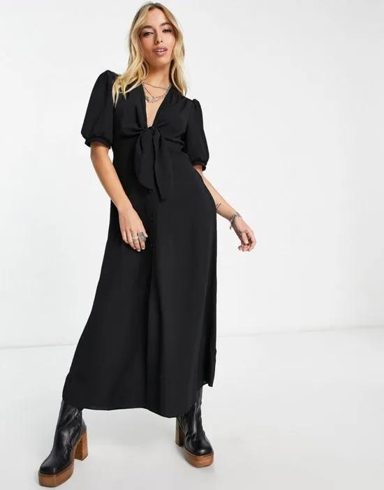 tie front button up midi dress in black