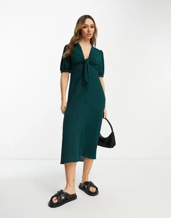 tie front button up midi dress in bottle green