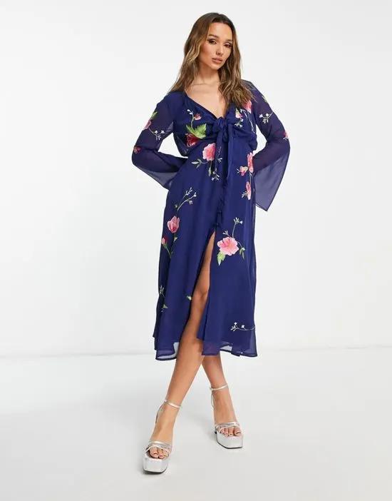 tie front button up midi dress with floral embroidery in navy
