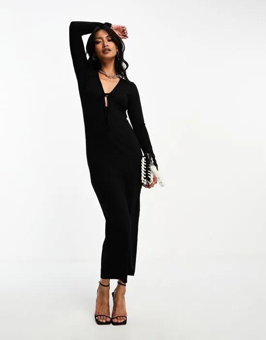 tie front deep plunge midi dress with long sleeve in black