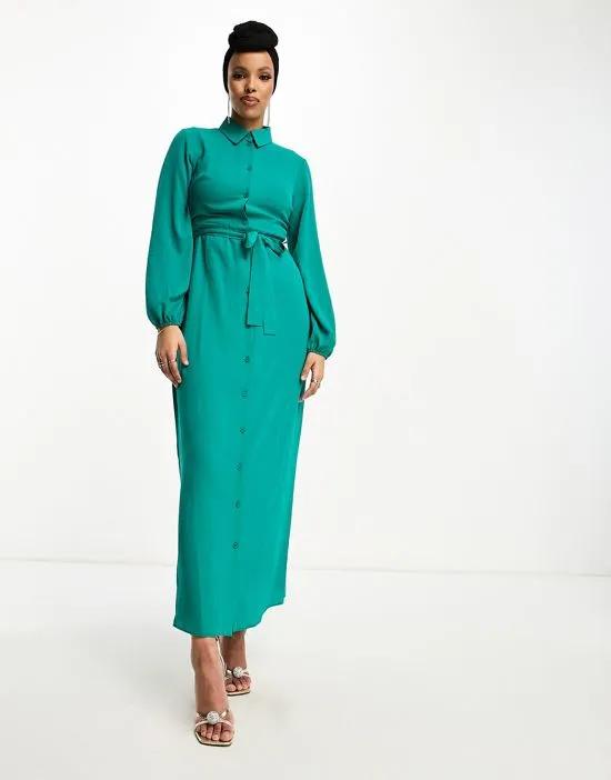 tie front maxi shirt dress in green
