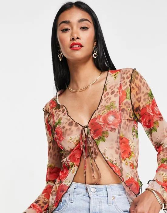 tie front mesh top in mixed animal and rose print - MULTI