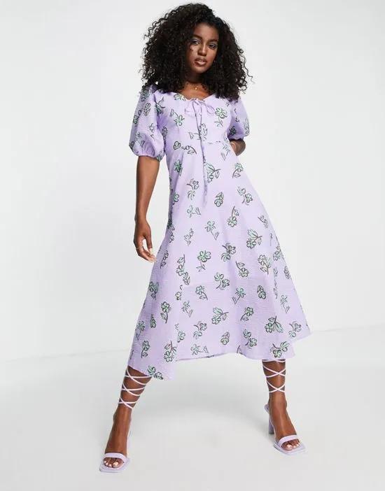 tie front midi dress in lilac floral print