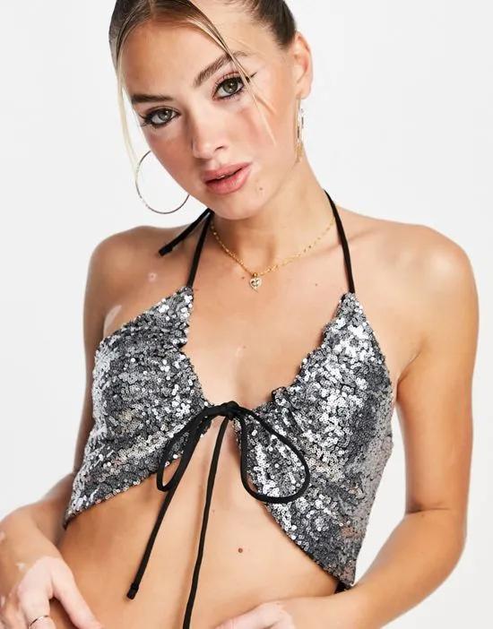 tie neck bralet in silver sequins - part of a set