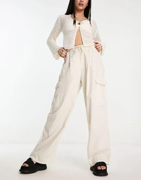 tie waist cargo wide leg jeans in ecru