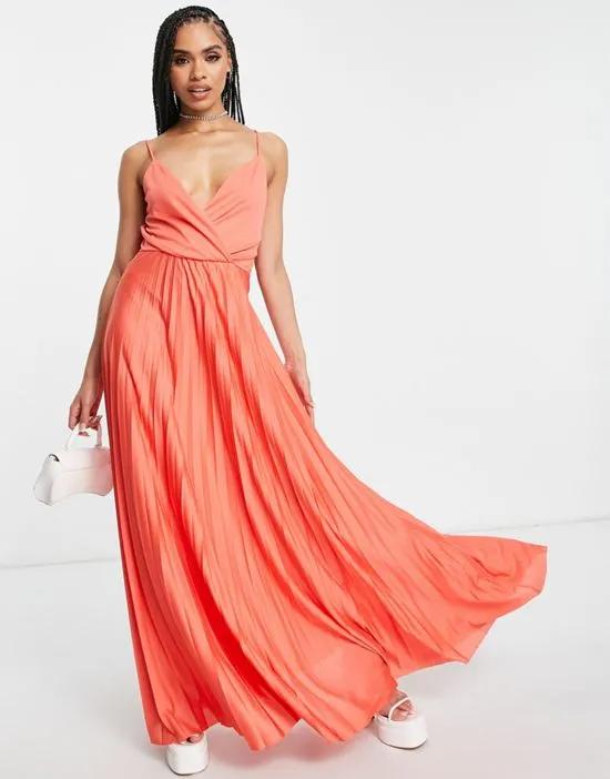 tie waist pleated maxi dress in Coral Pink - MULTI