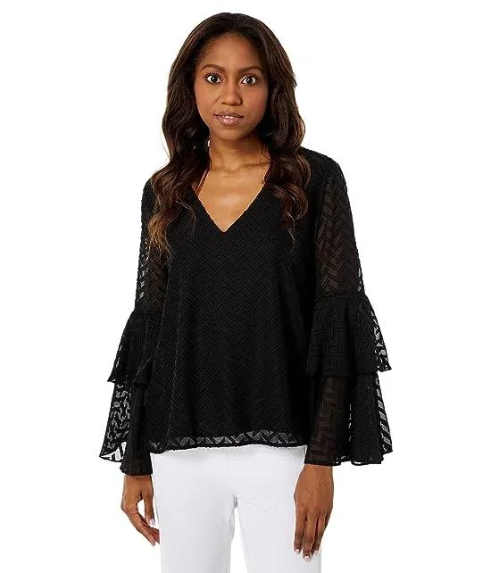 Tiered Bell Sleeve Chevron Burnout V-Neck Blouse