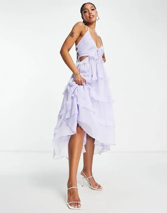 tiered chiffon halter neck midi dress with cut out and ruffle detail in lilac
