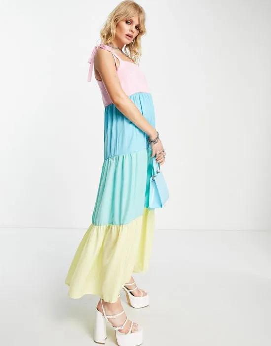 tiered color block midi dress with tie sleeves