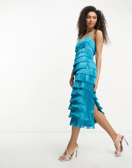 tiered fringed midi dress with cross back detail in teal