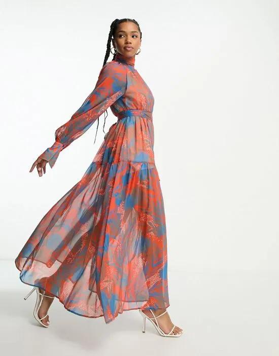 tiered high neck maxi dress in red and blue print