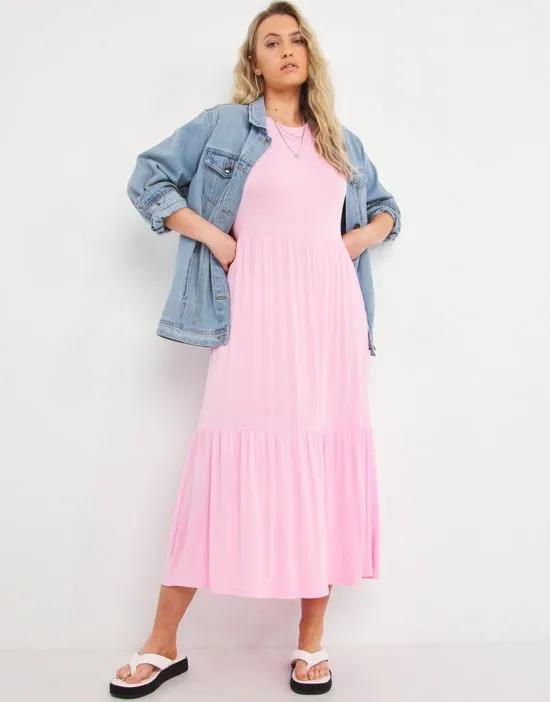 tiered jersey midi dress in pink