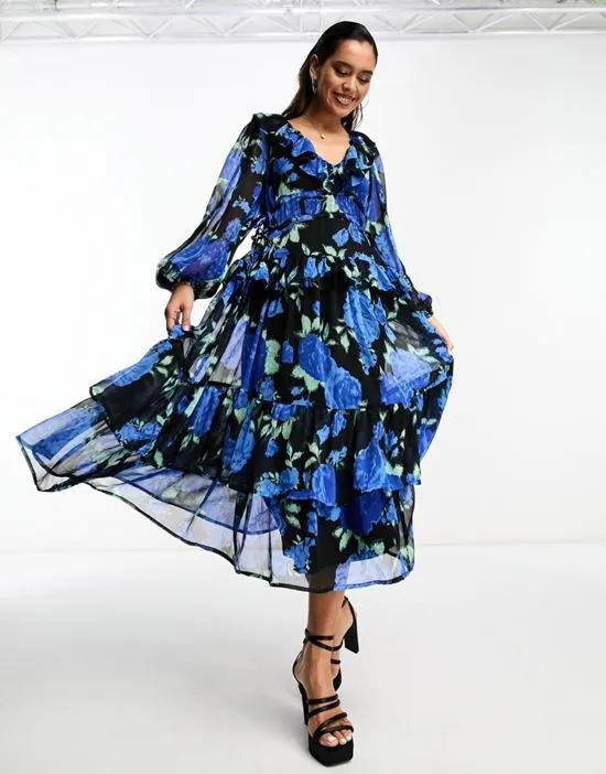 tiered maxi dress with frills in black based blue floral print
