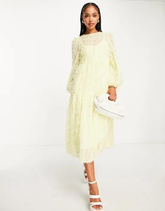 tiered midi dress in fluffy texture in pale yellow