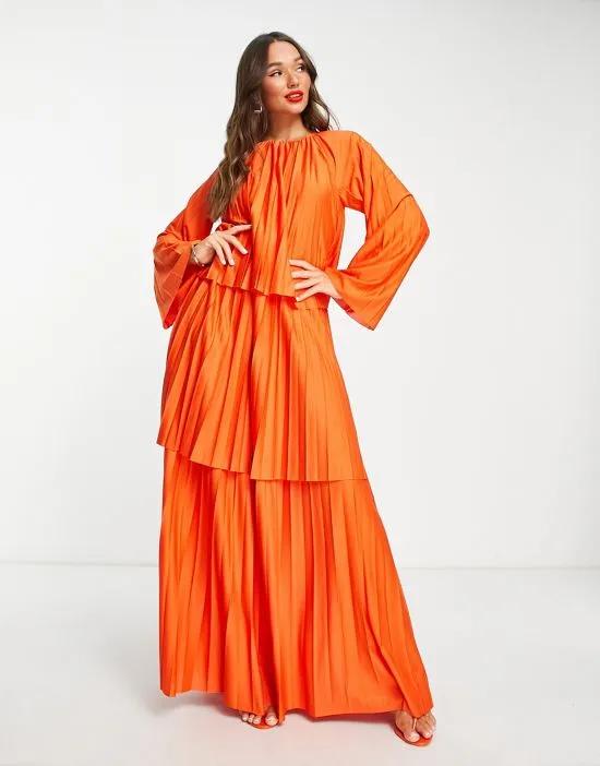 tiered pleated maxi dress in orange - MULTI