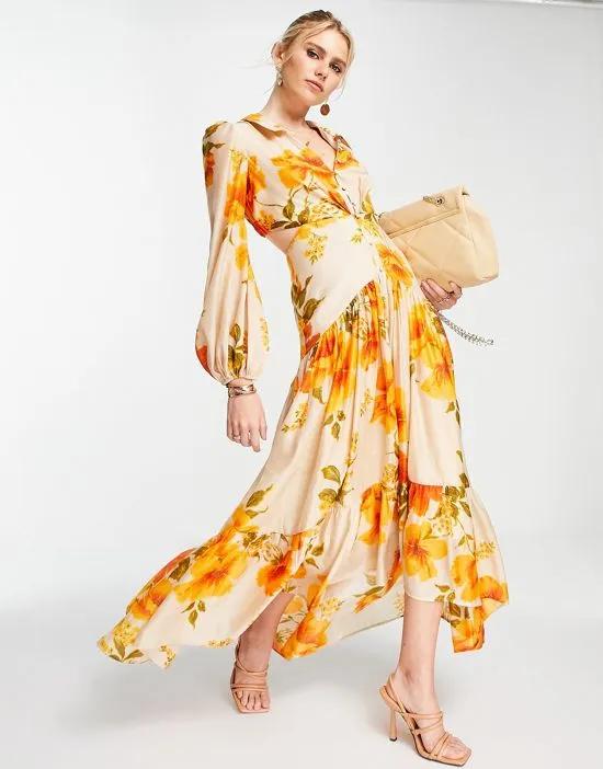 tiered viole maxi dress with collar and button detail in orange floral